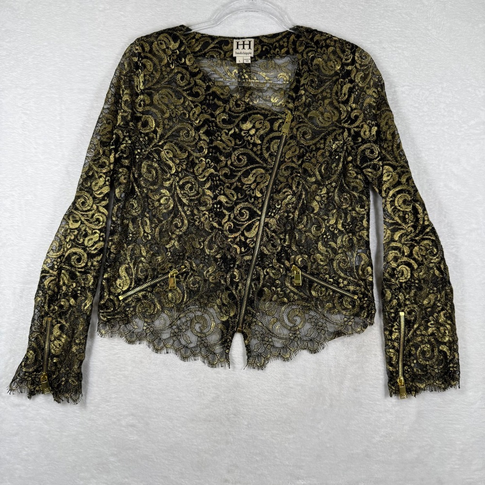 Haute Hippie Gold Metallic Black Lace Moto Jacket Large Asymmetric Zip USA Made